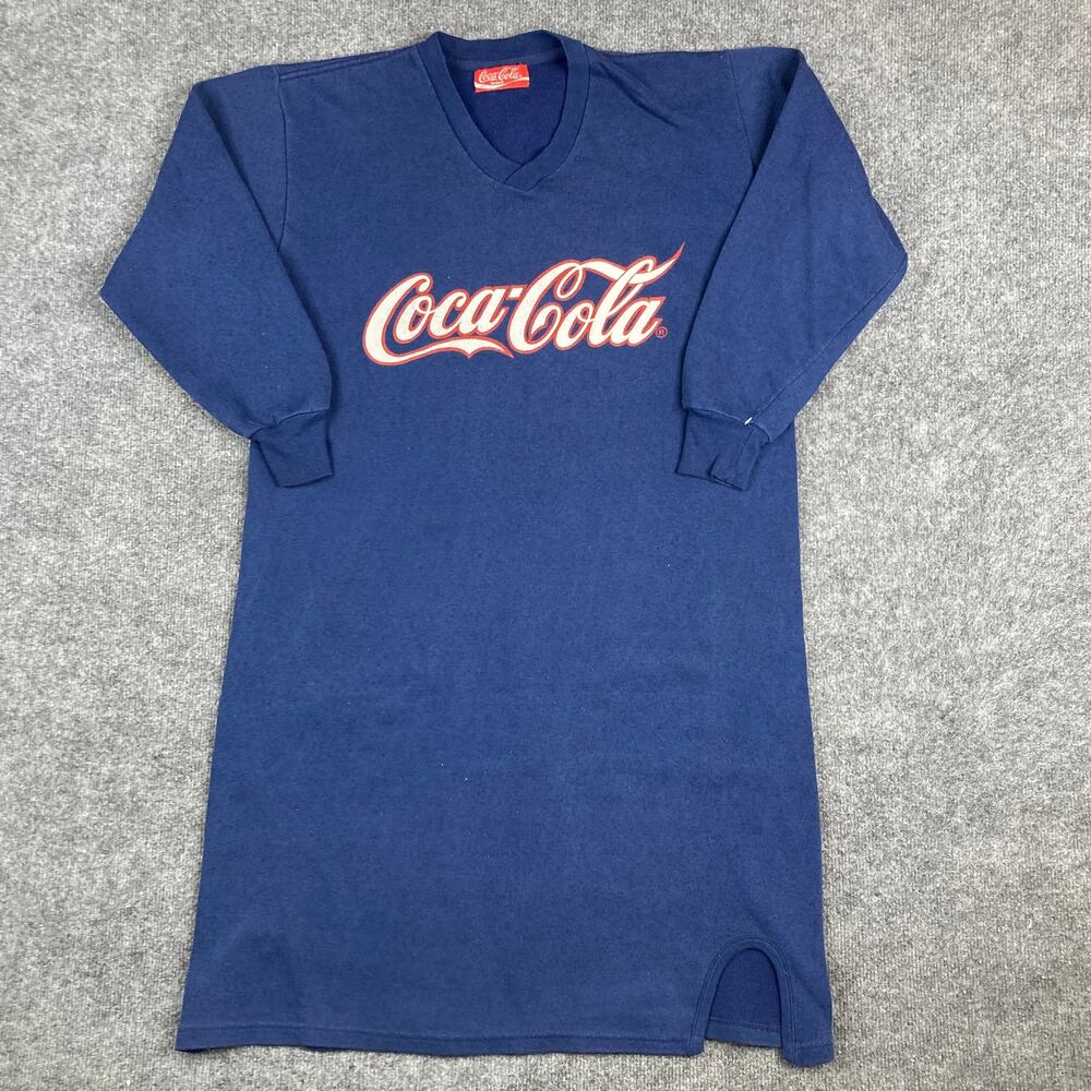 Vintage Coca-Cola Nightshirt Womens XL Navy V-Neck Long Sleeve Logo Lounge Dress